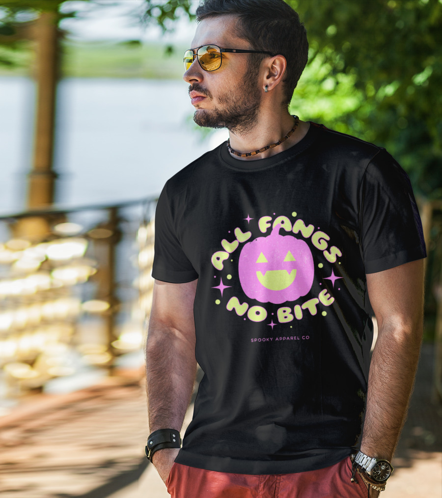 All Fangs No Bite Spooky Apparel Co Halloween Pumpkin T-Shirt