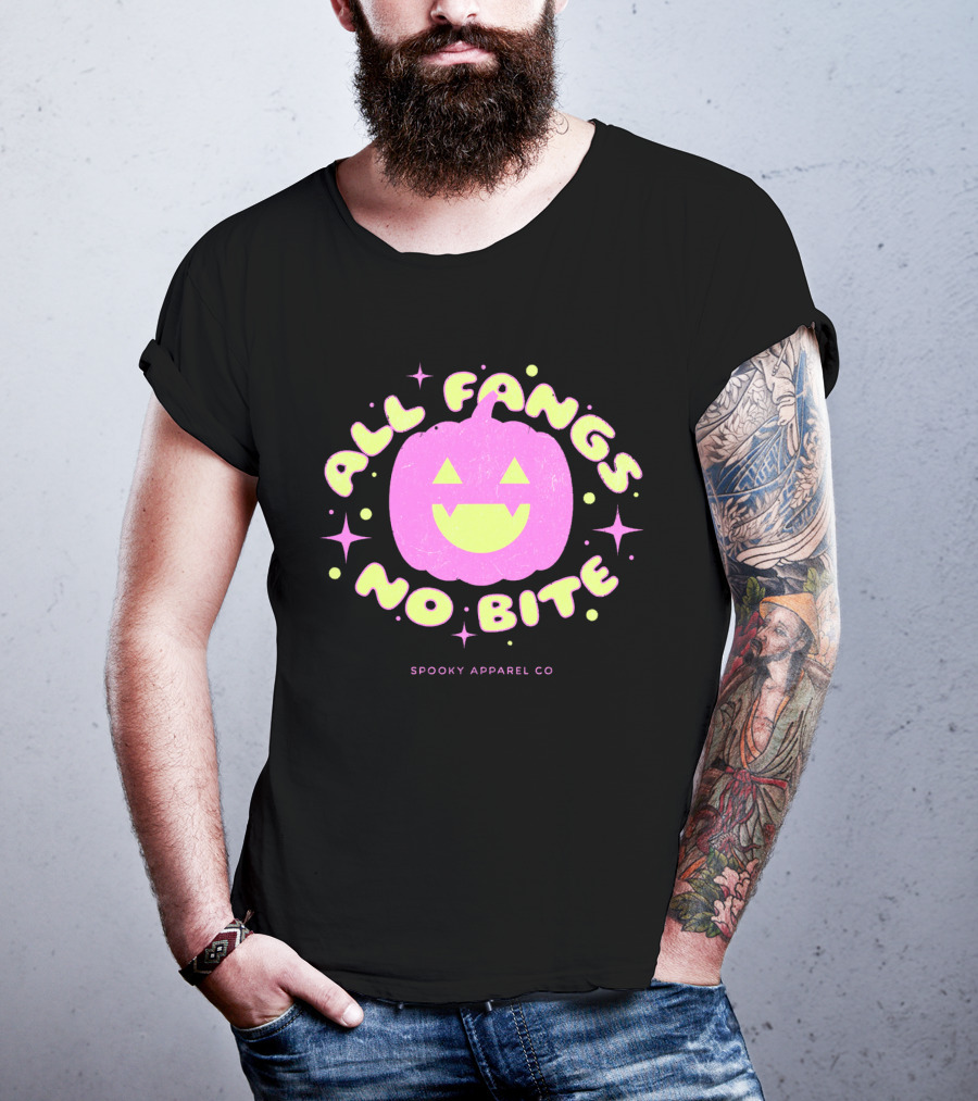 All Fangs No Bite Spooky Apparel Co Halloween Pumpkin T-Shirt