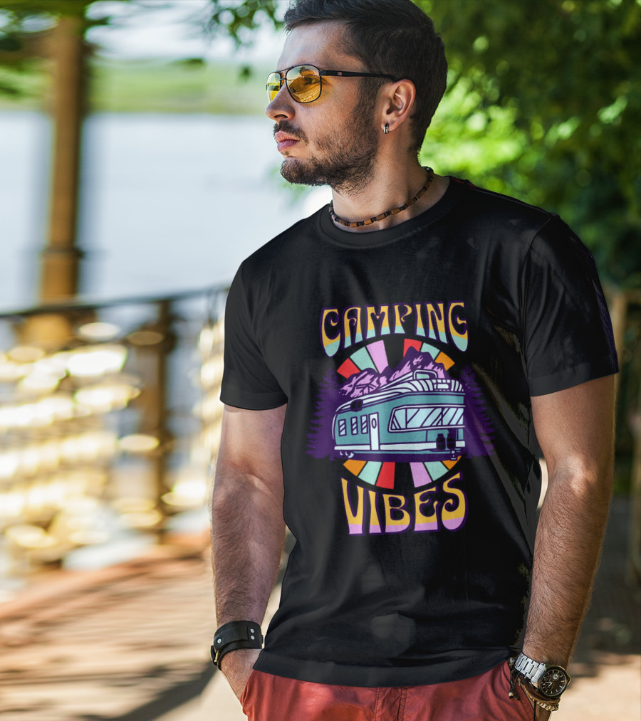 Camping Vibes Retro Travel Trailer Mountains Colorful Sunburst T-Shirt
