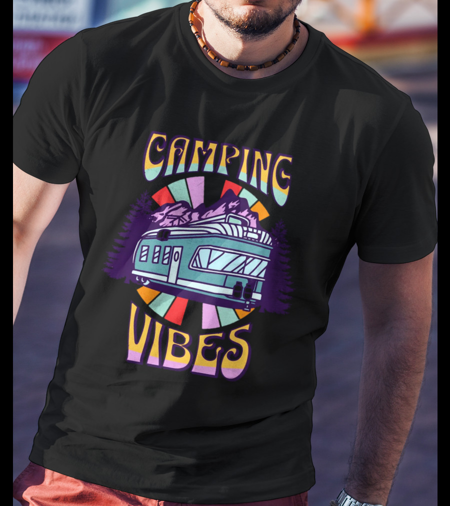Camping Vibes Retro Travel Trailer Mountains Colorful Sunburst T-Shirt