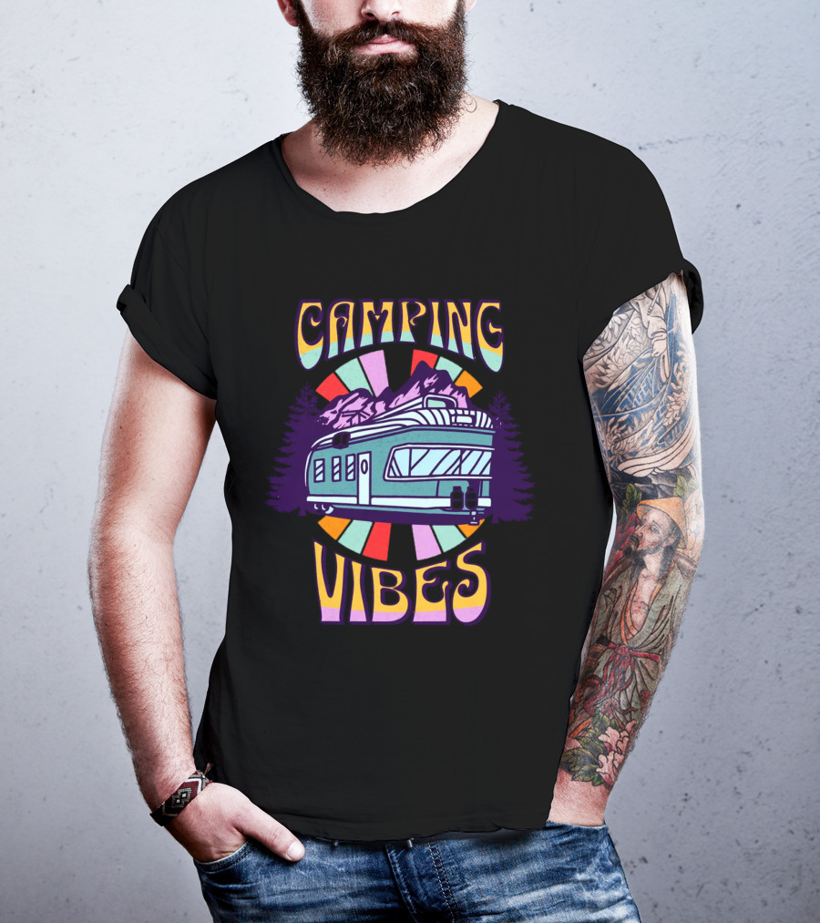 Camping Vibes Retro Travel Trailer Mountains Colorful Sunburst T-Shirt