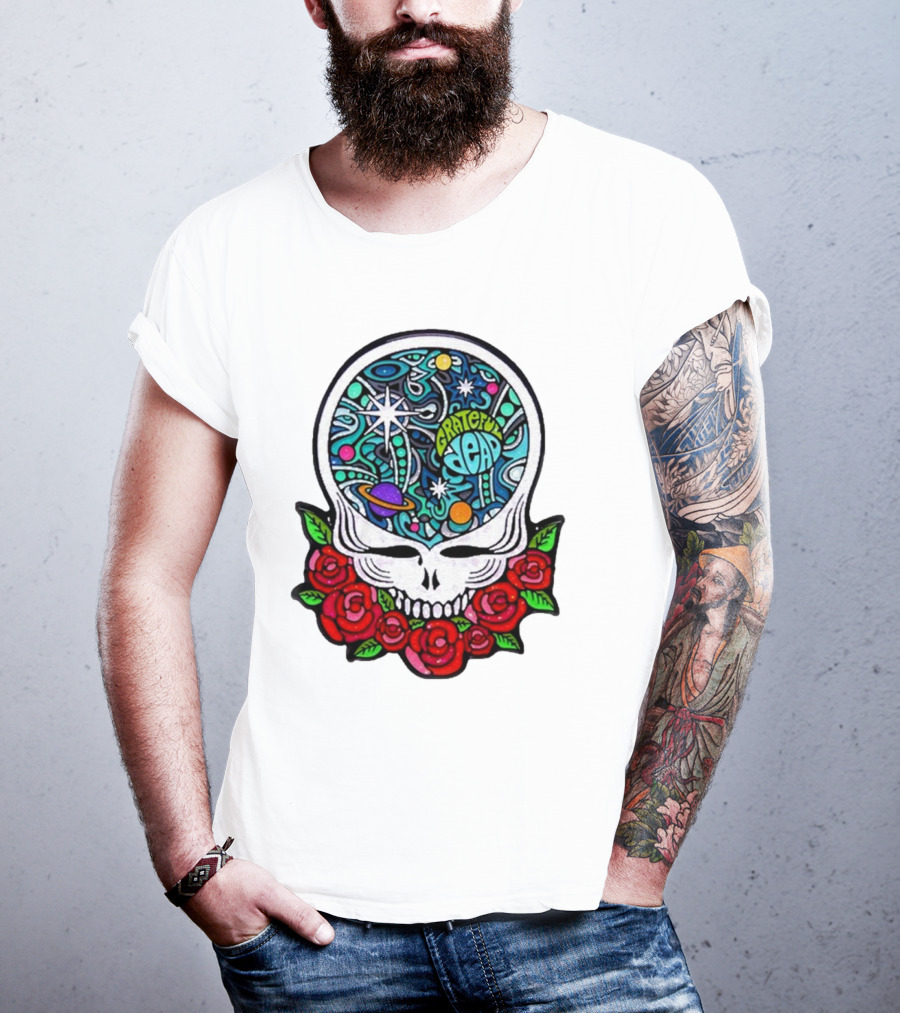 Grateful Dead Skull With Cosmic Rose Design By Danny Steinman T-Shirt