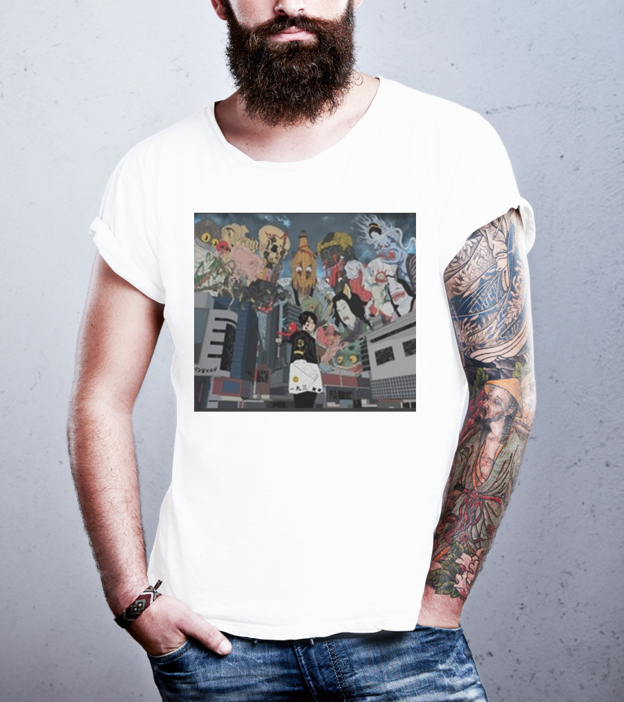 Kemuri Ikumi X Nass Anime Yokai-Inspired Urban Chaos Scene T-Shirt