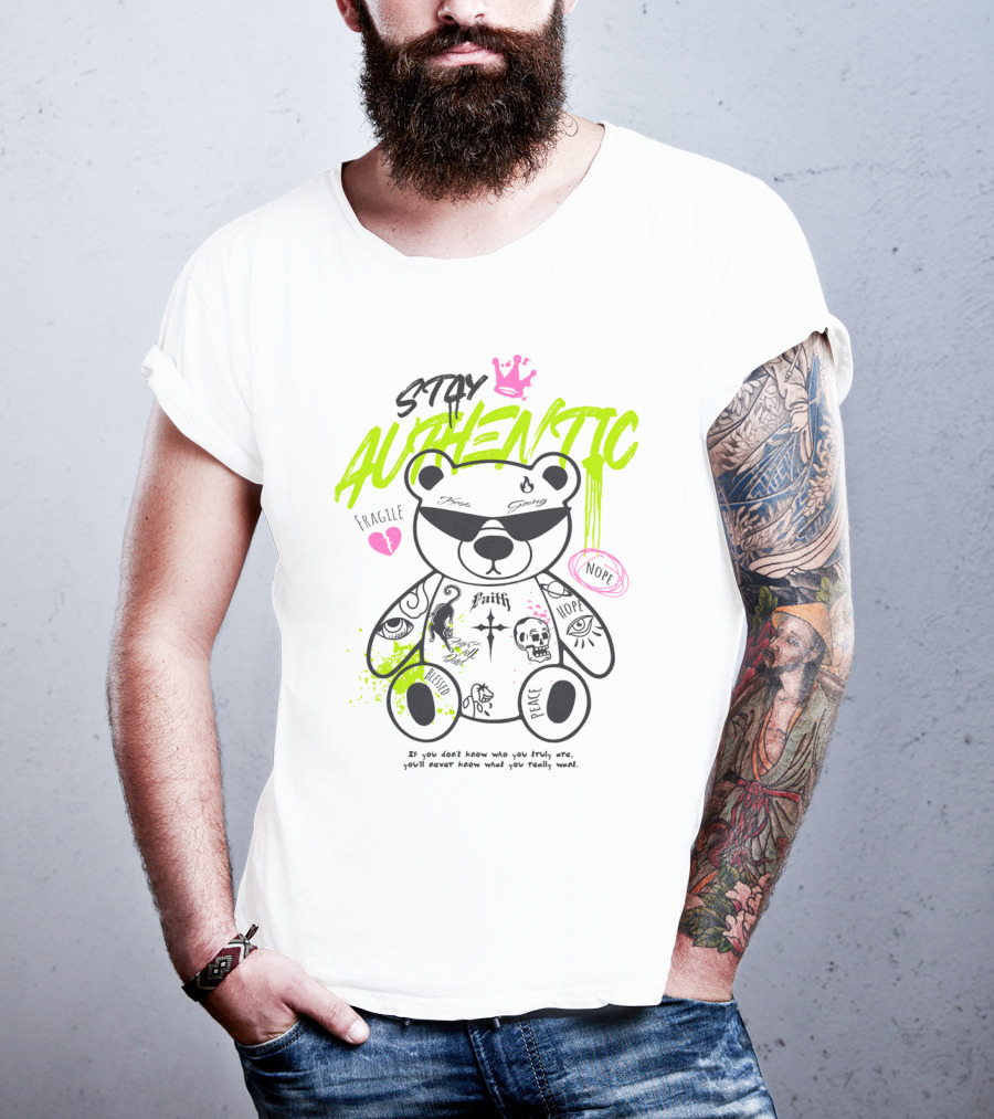 Stay Authentic Graffiti Bear With Pink Crown And Heart T-Shirt