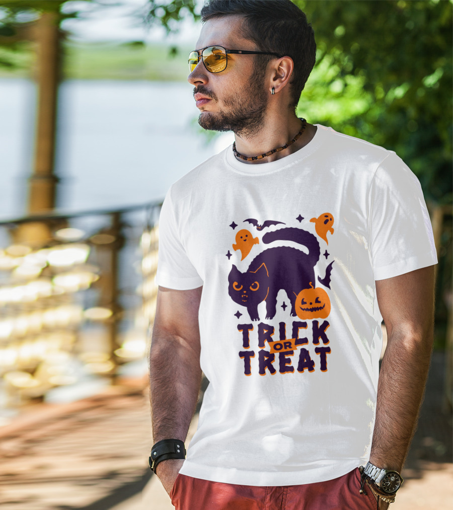 Trick Or Treat Halloween Cats Pumpkins Ghosts And Bats T-Shirt
