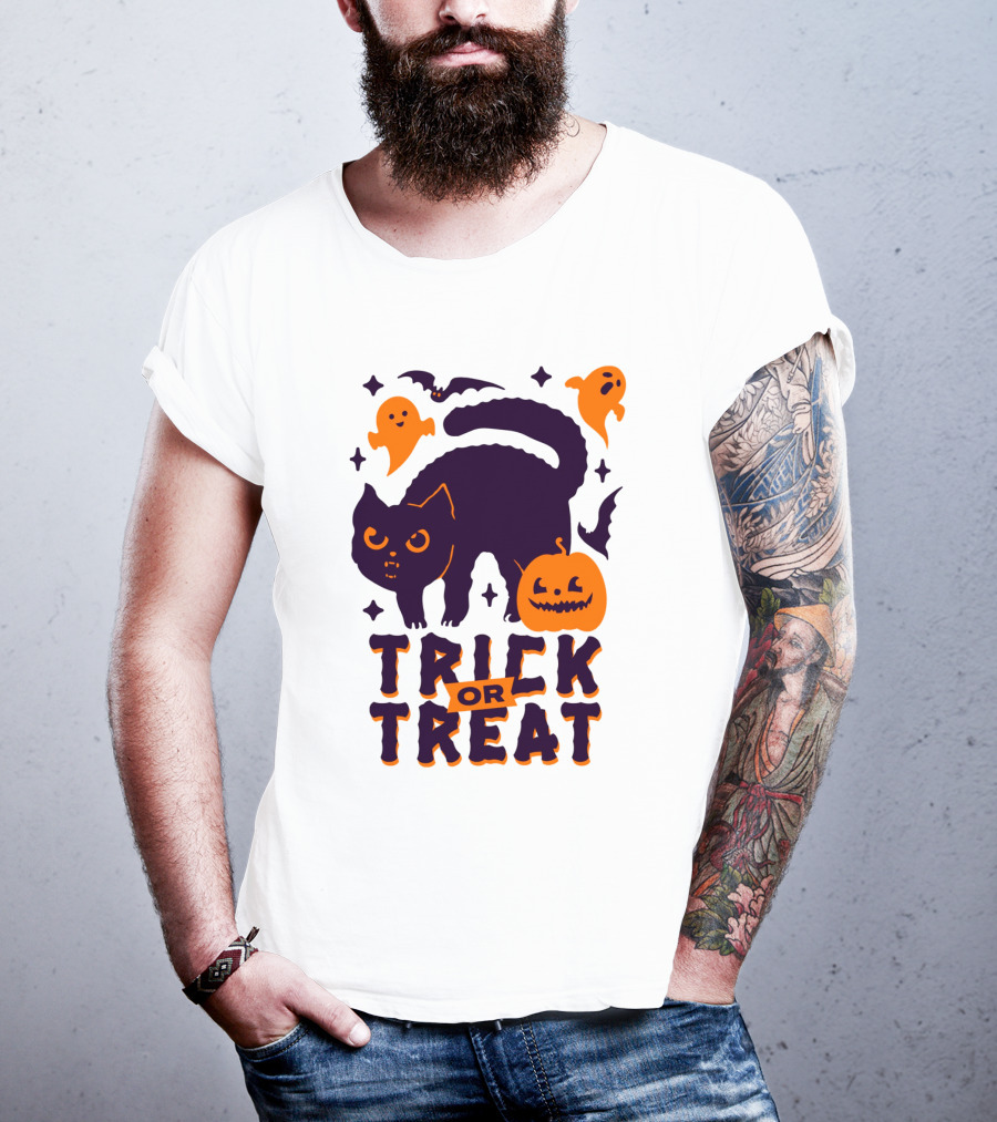 Trick Or Treat Halloween Cats Pumpkins Ghosts And Bats T-Shirt