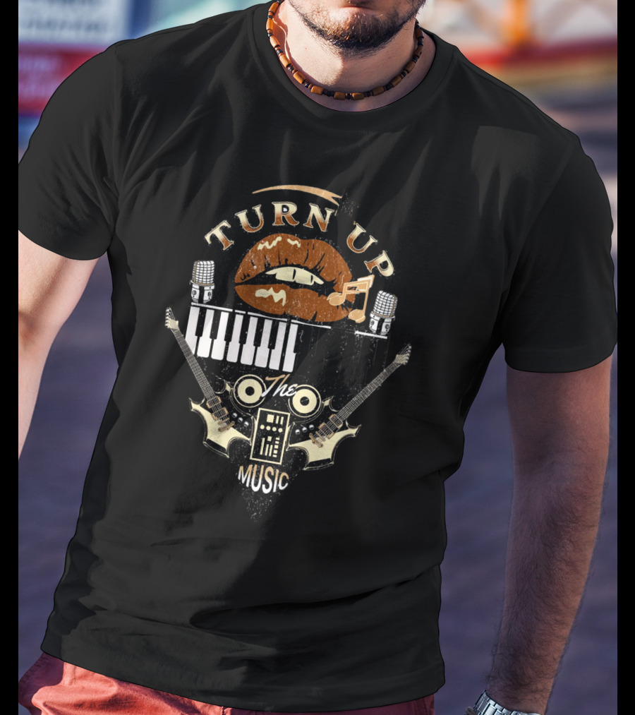 TURN UP THE MUSIC Keyboard Guitars And Microphones T-Shirt