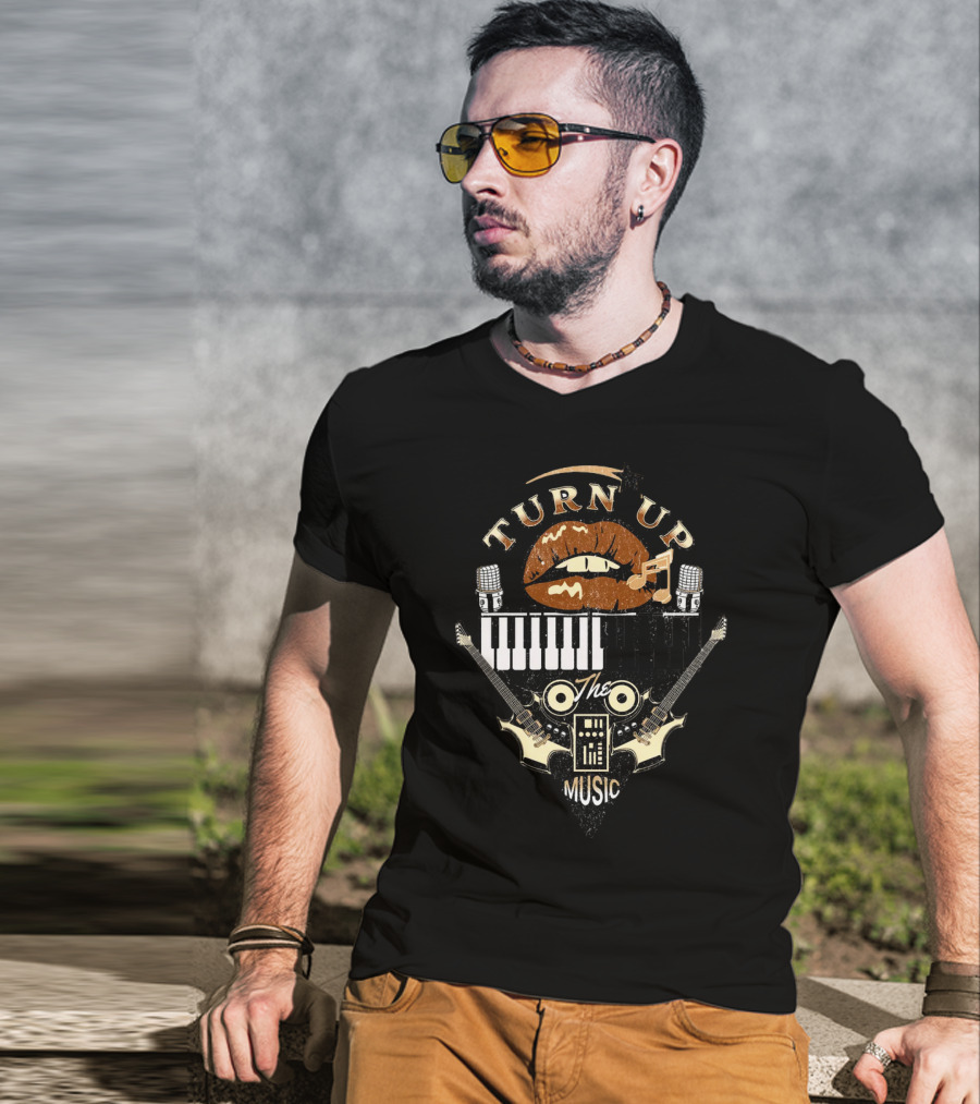 TURN UP THE MUSIC Keyboard Guitars And Microphones T-Shirt