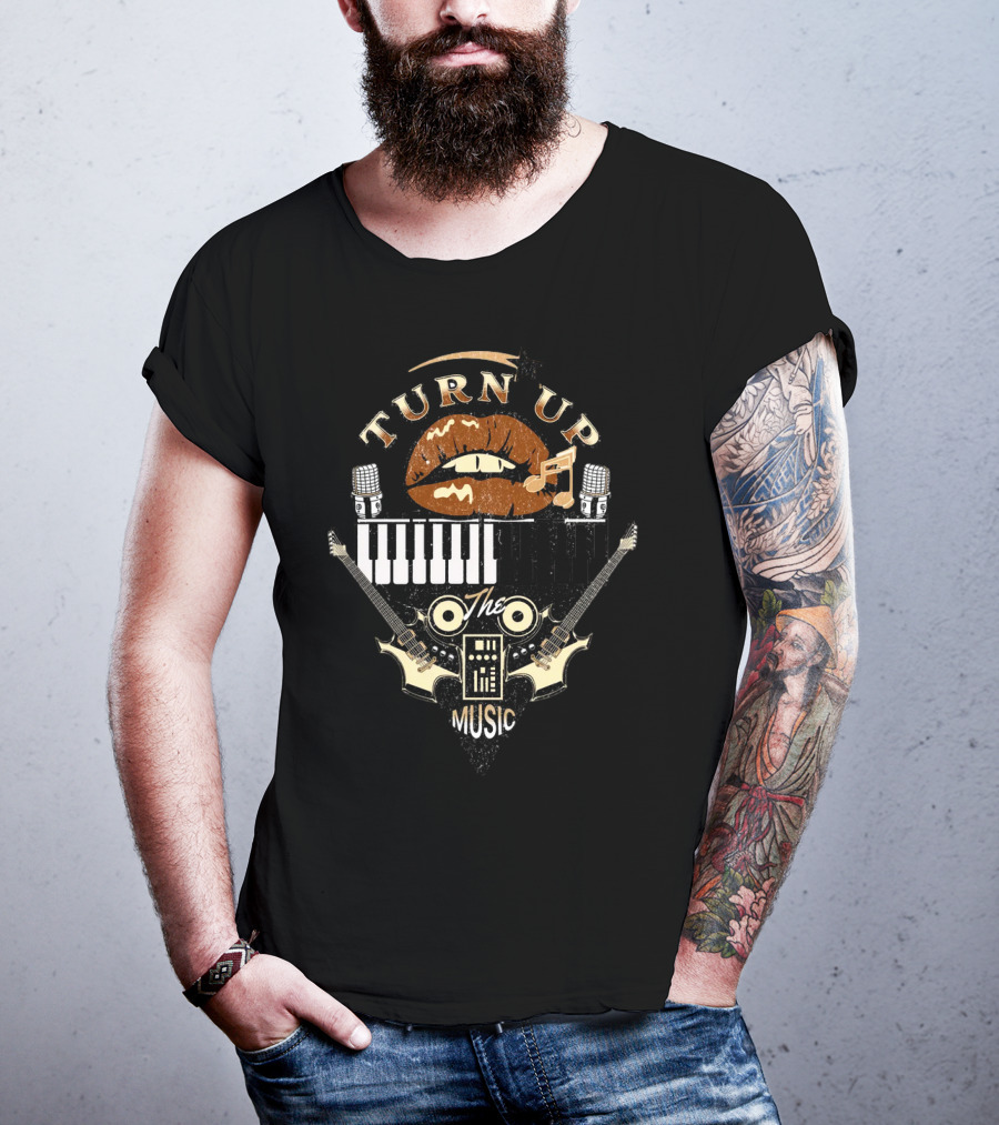 TURN UP THE MUSIC Keyboard Guitars And Microphones T-Shirt