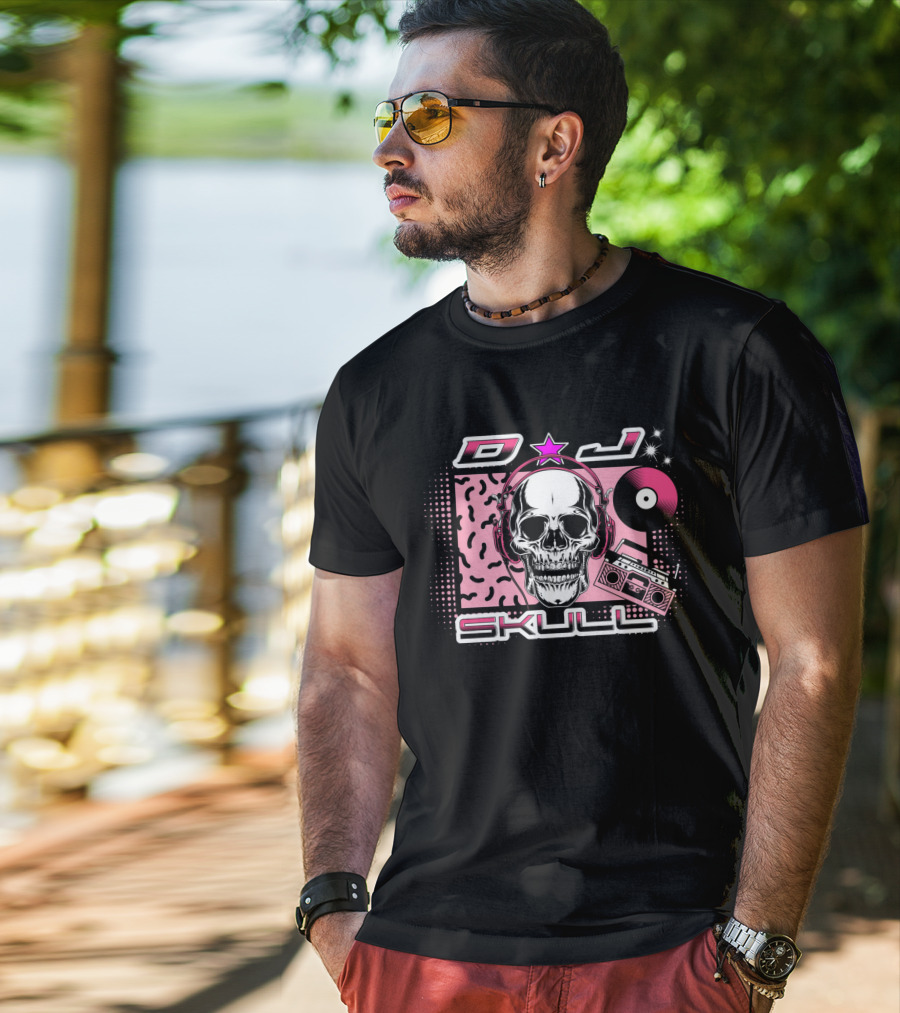 DJ Skull Retro Headphones Boombox Vinyl Star T-Shirt