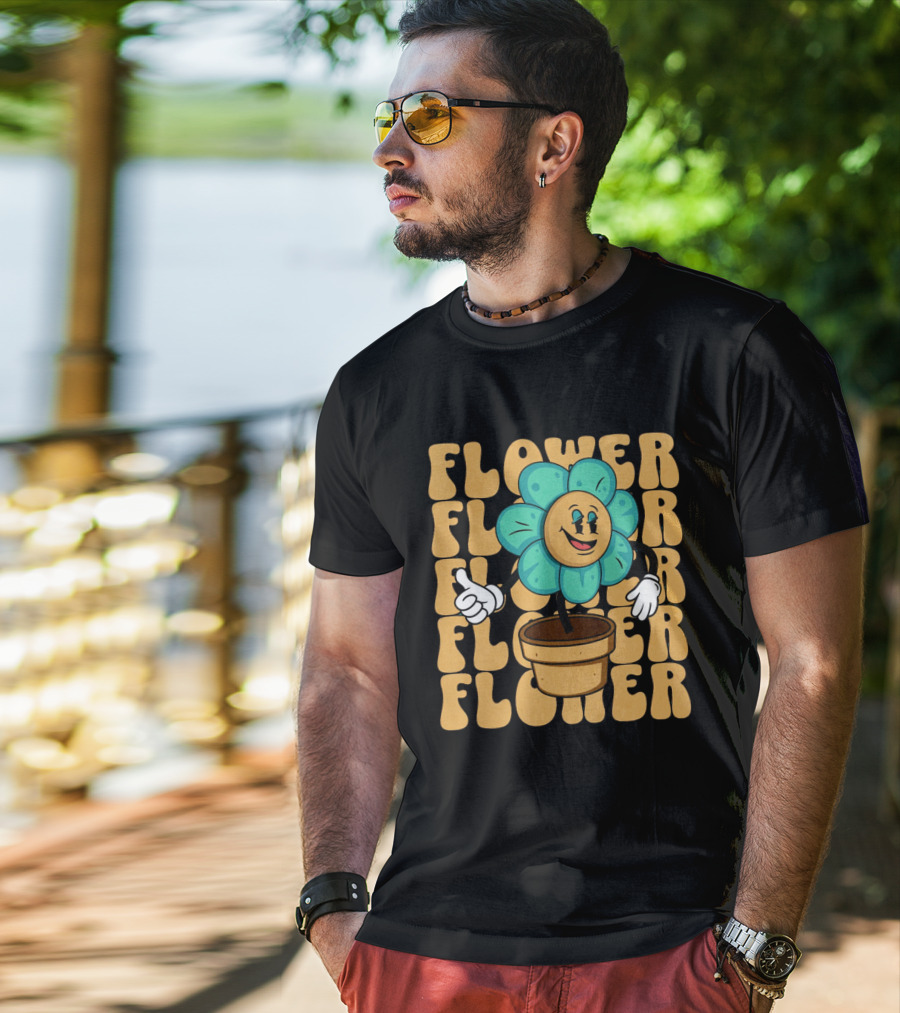 Flower Happy Blue Petal Character In Pot With Groovy Text T-Shirt