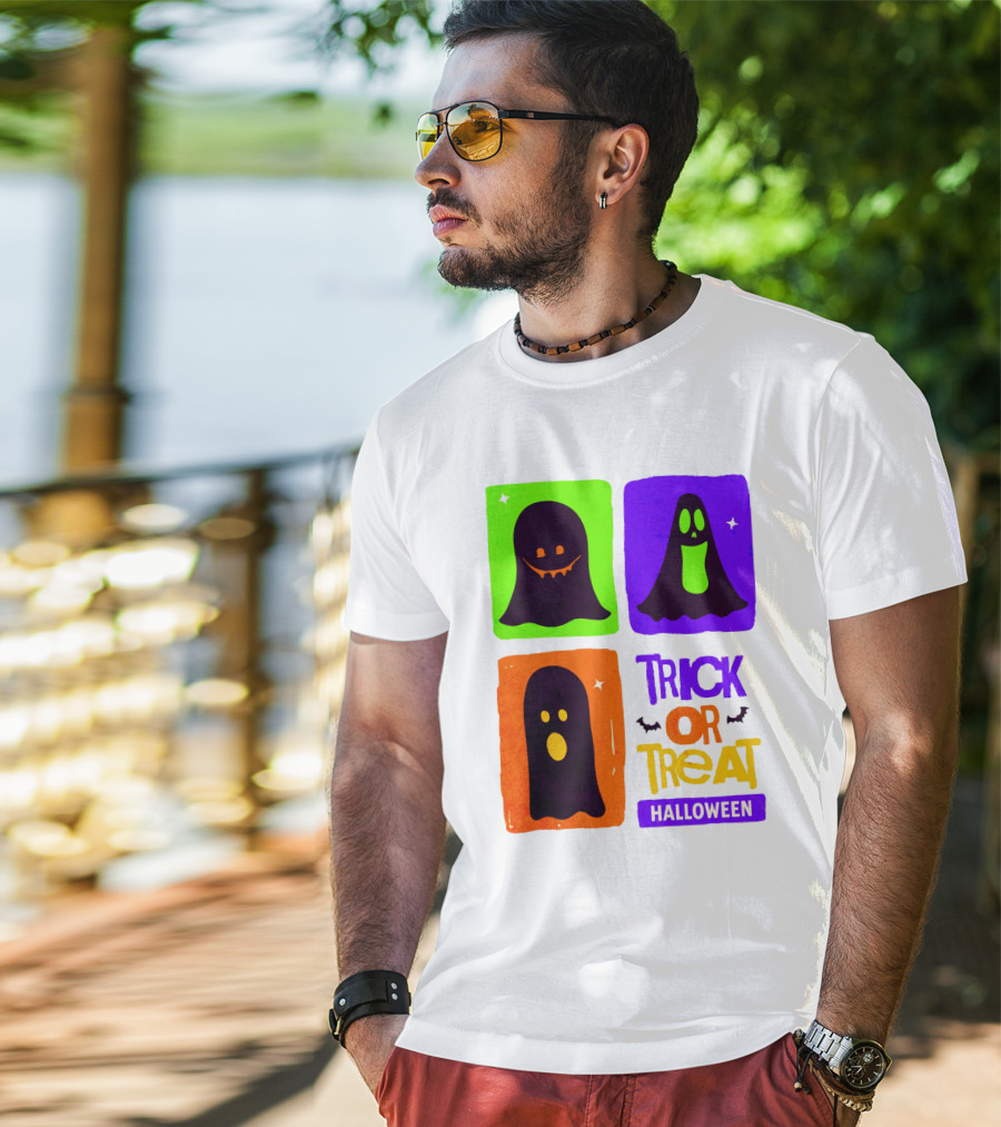 Halloween Trick Or Treat Ghosts In Colorful Boxes T-Shirt