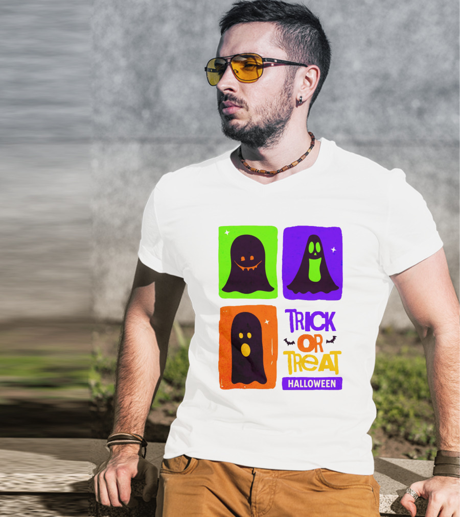 Halloween Trick Or Treat Ghosts In Colorful Boxes T-Shirt
