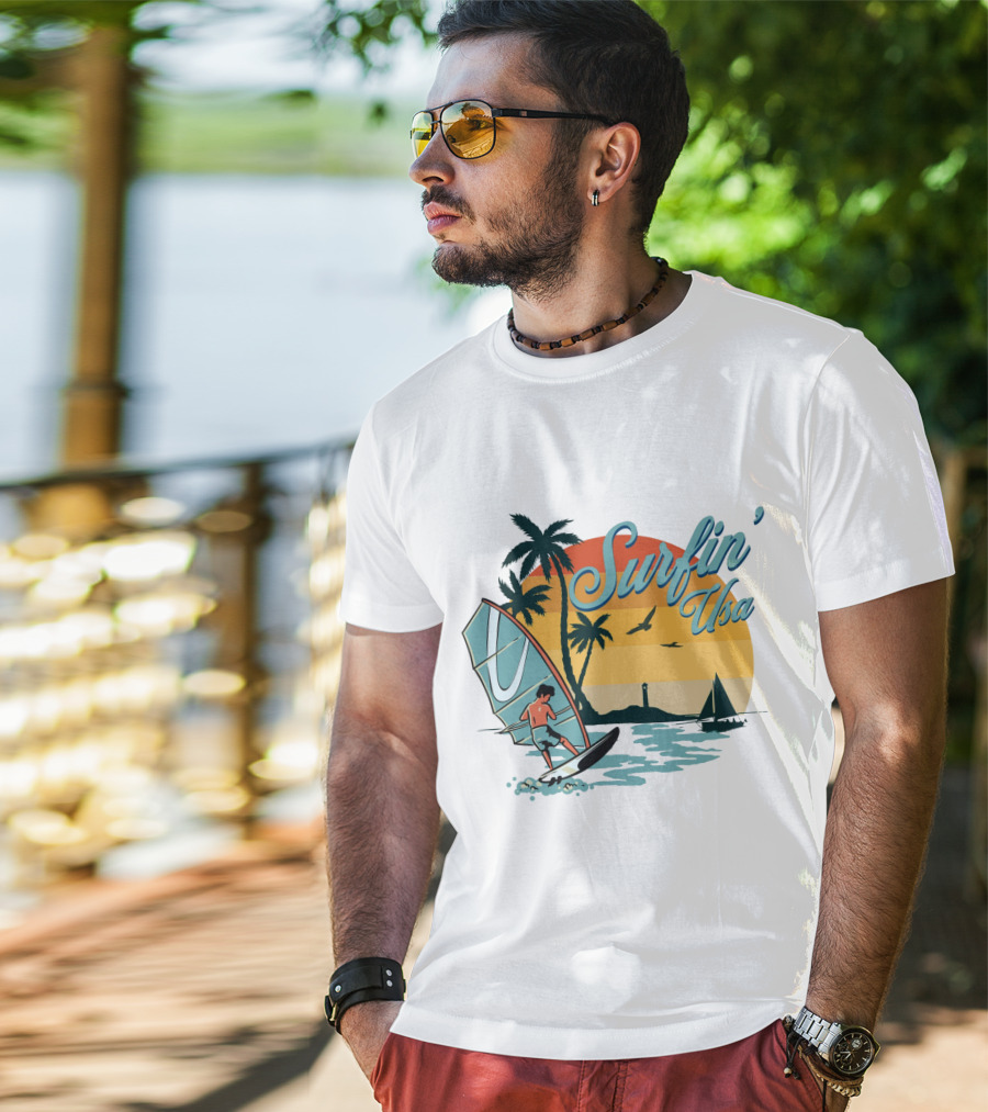 Surfin' Usa Retro Sunset Windsurfer Palm Trees Ocean Scene T-Shirt