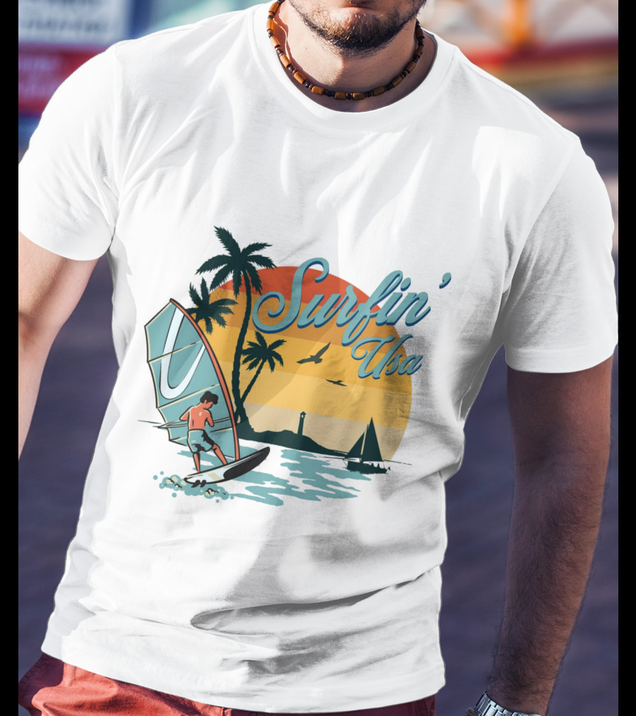 Surfin' Usa Retro Sunset Windsurfer Palm Trees Ocean Scene T-Shirt