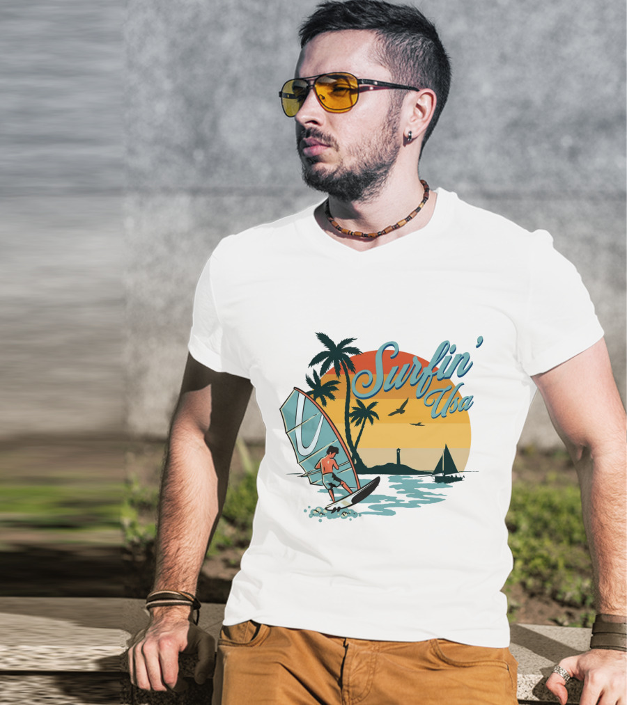 Surfin' Usa Retro Sunset Windsurfer Palm Trees Ocean Scene T-Shirt