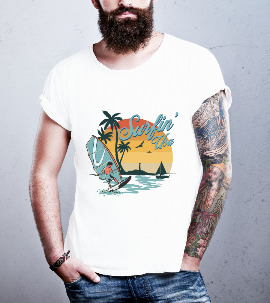 Surfin' Usa Retro Sunset Windsurfer Palm Trees Ocean Scene T-Shirt