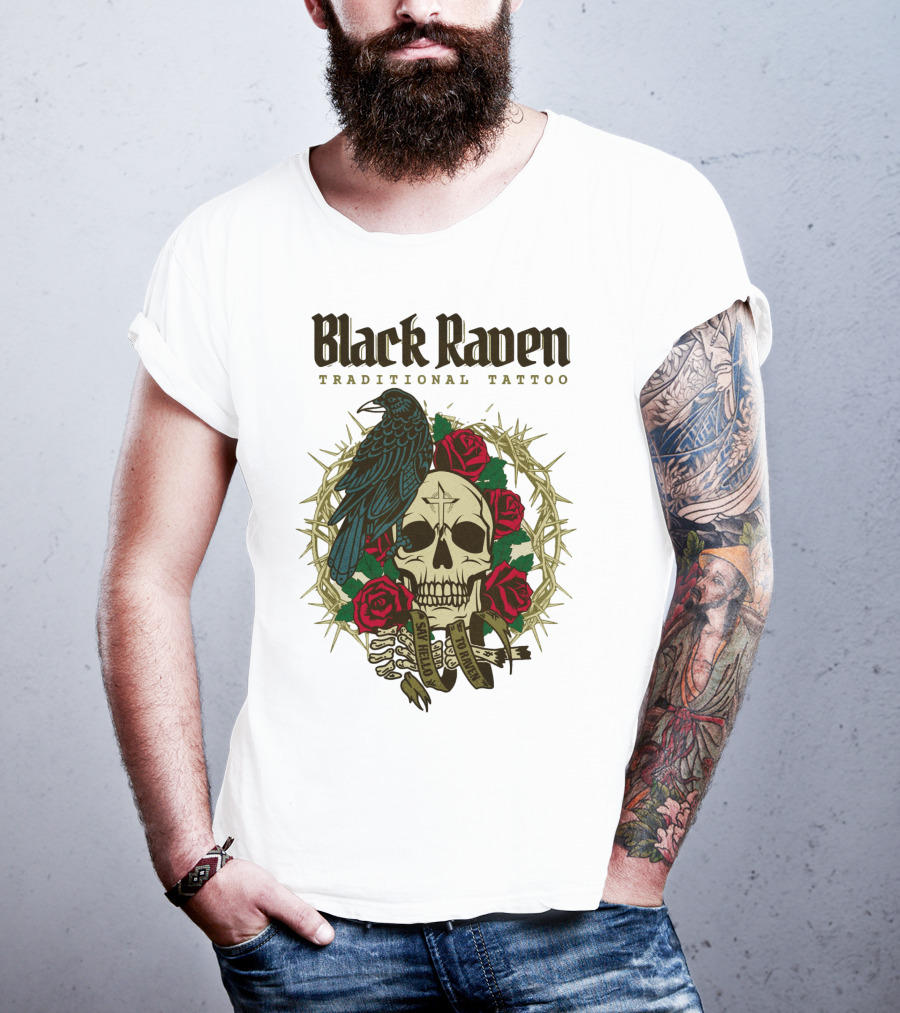 Black Raven Traditional Tattoo Skull Roses Thorns T-Shirt