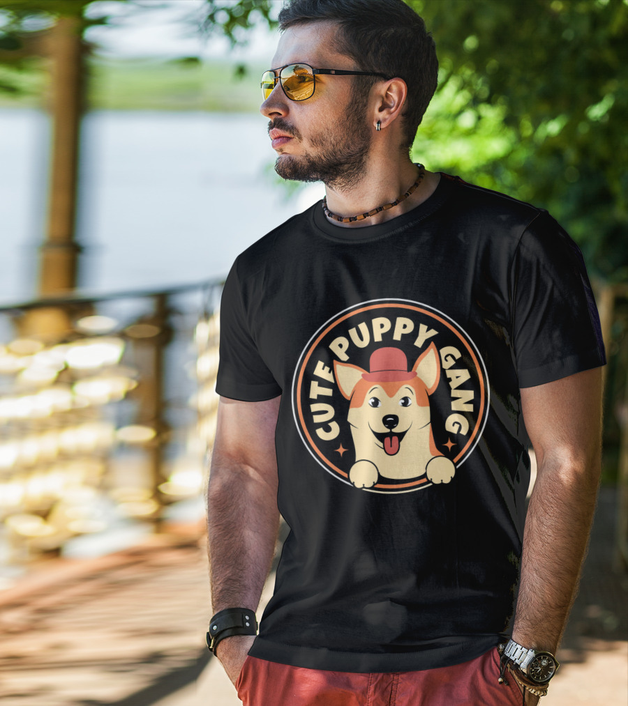 Cute Puppy Gang Corgi With Red Hat And Cheerful Expression T-Shirt