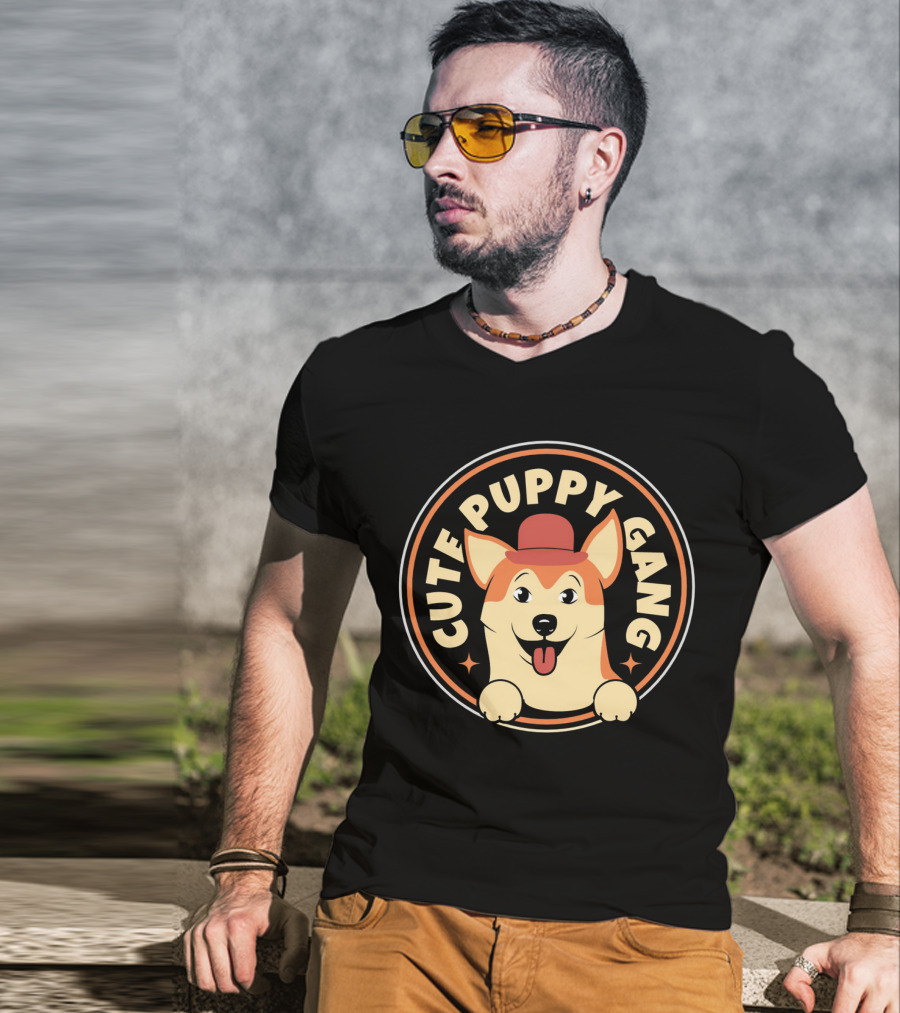 Cute Puppy Gang Corgi With Red Hat And Cheerful Expression T-Shirt