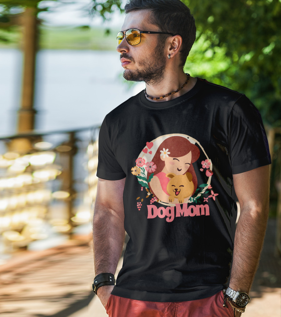 Dog Mom With Happy Puppy And Floral Heart Circle T-Shirt
