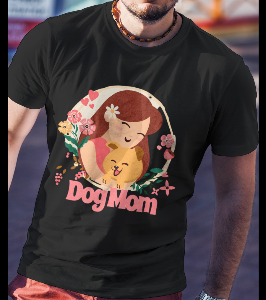 Dog Mom With Happy Puppy And Floral Heart Circle T-Shirt