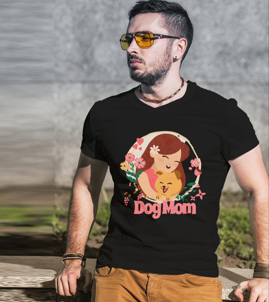 Dog Mom With Happy Puppy And Floral Heart Circle T-Shirt