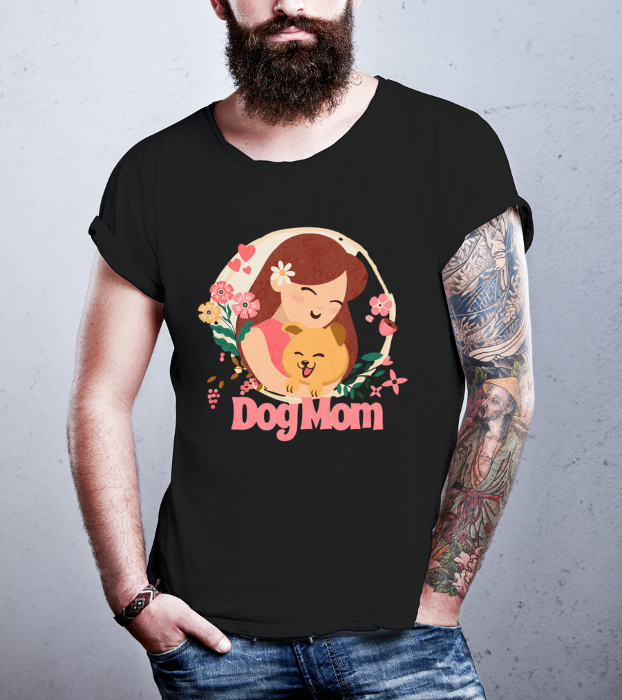 Dog Mom With Happy Puppy And Floral Heart Circle T-Shirt