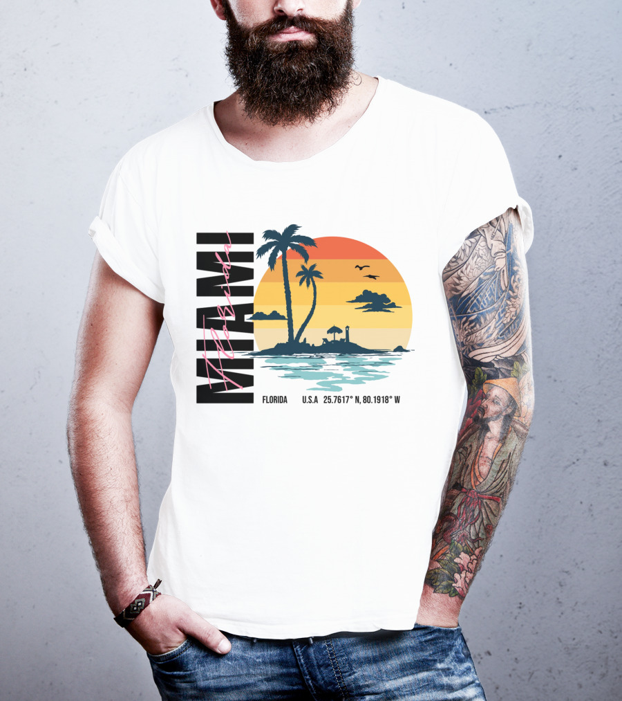 Florida Miami Beach Sunset Coordinates Palm Trees T-Shirt