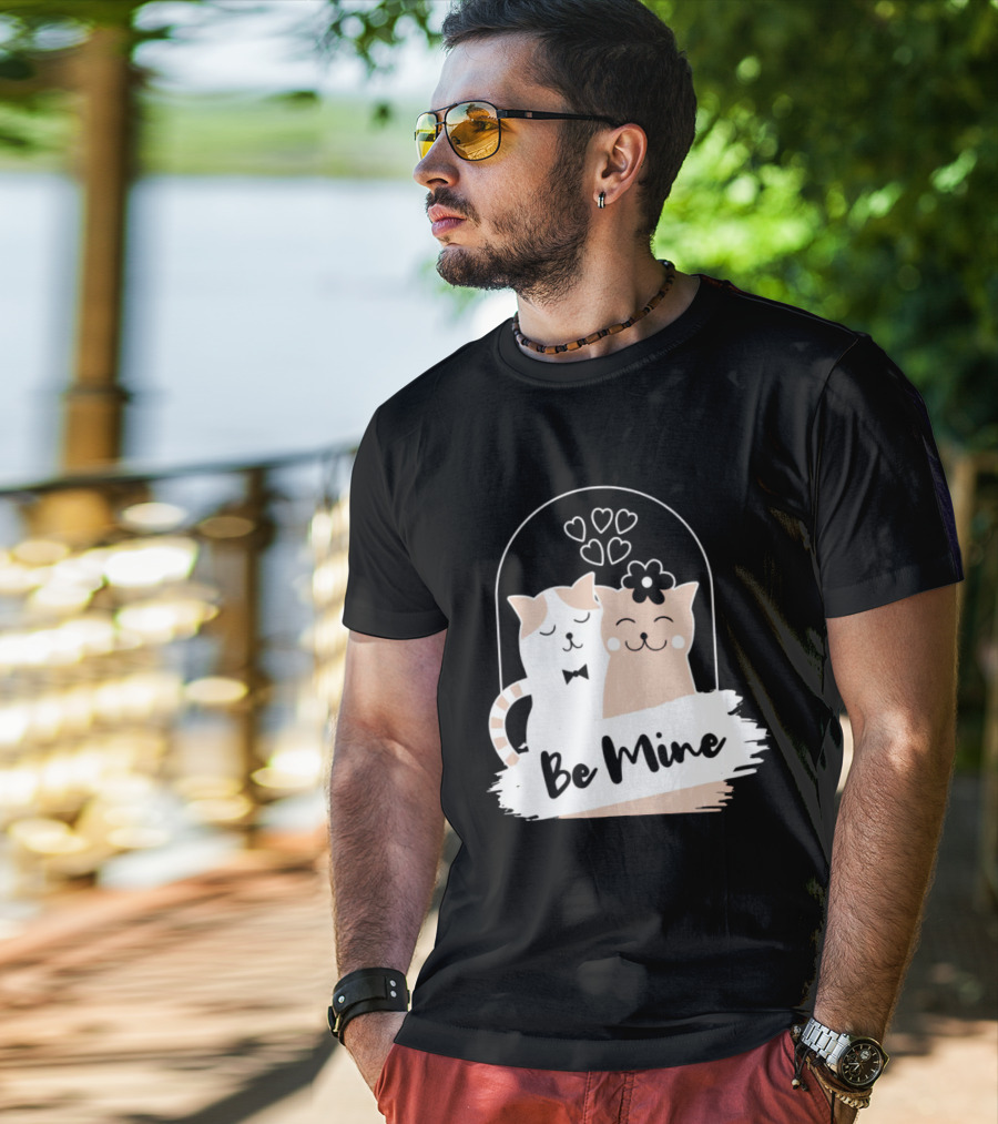 Be Mine Cute Cat Couple With Hearts And Bow Tie T-Shirt