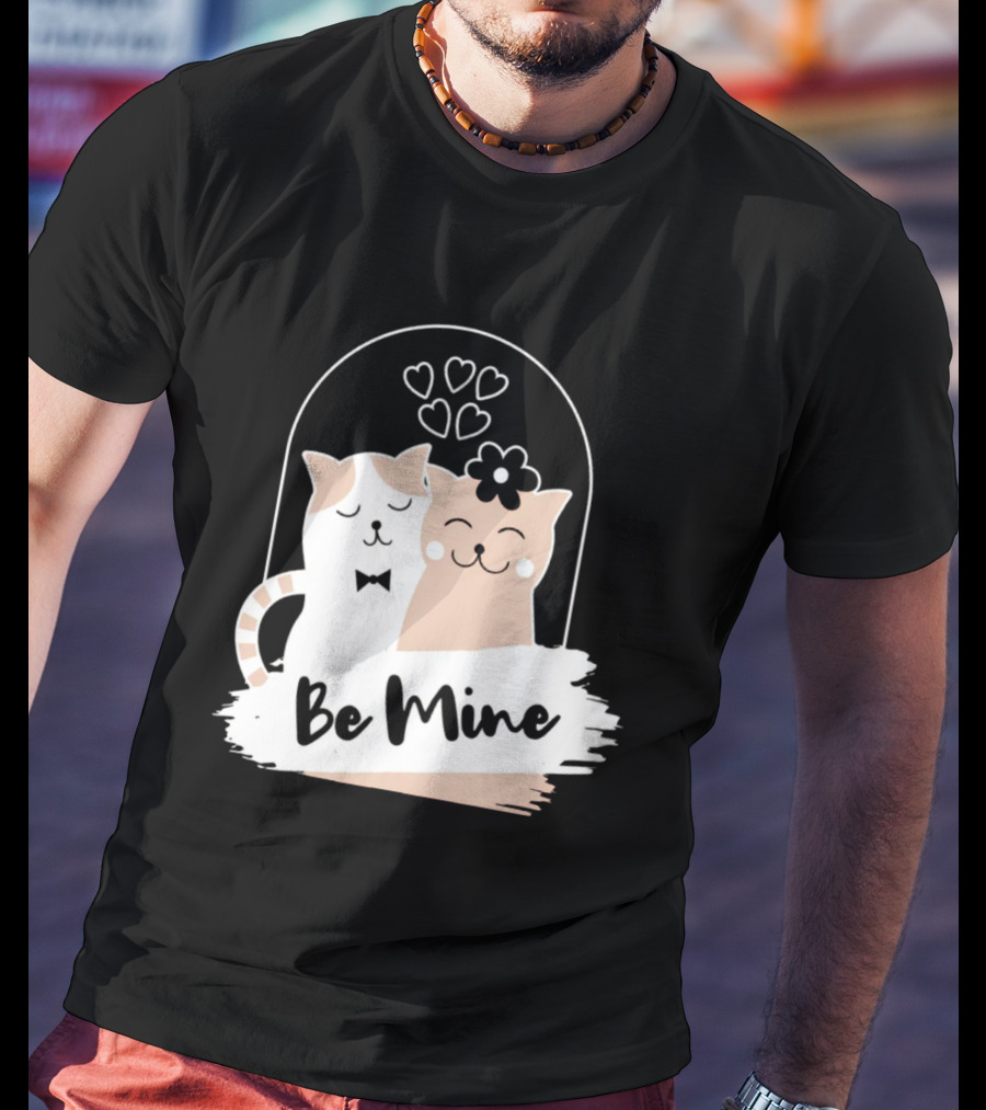 Be Mine Cute Cat Couple With Hearts And Bow Tie T-Shirt