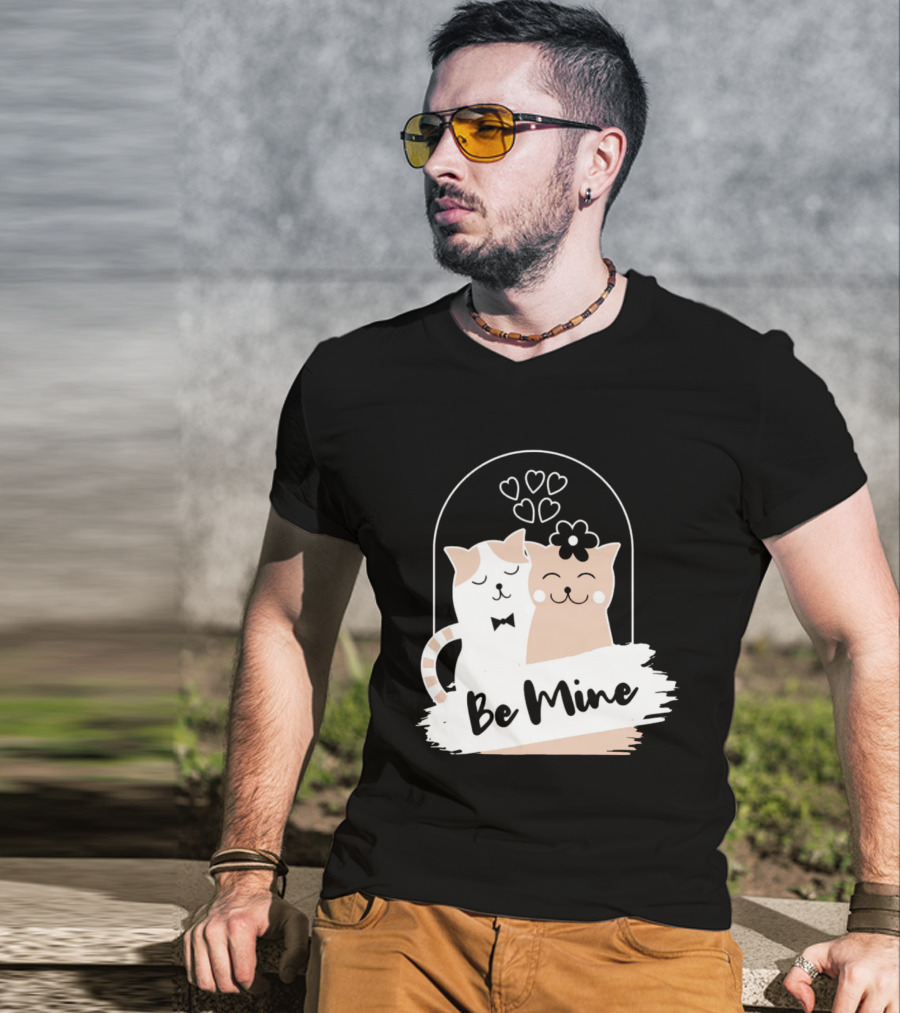 Be Mine Cute Cat Couple With Hearts And Bow Tie T-Shirt