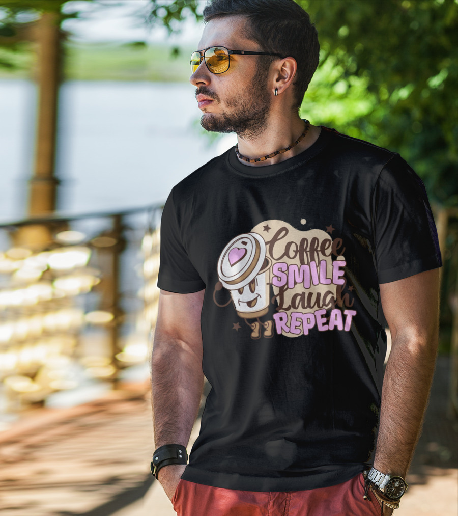 Coffee Smile Laugh Repeat Cartoon Mascot Happiness T-Shirt