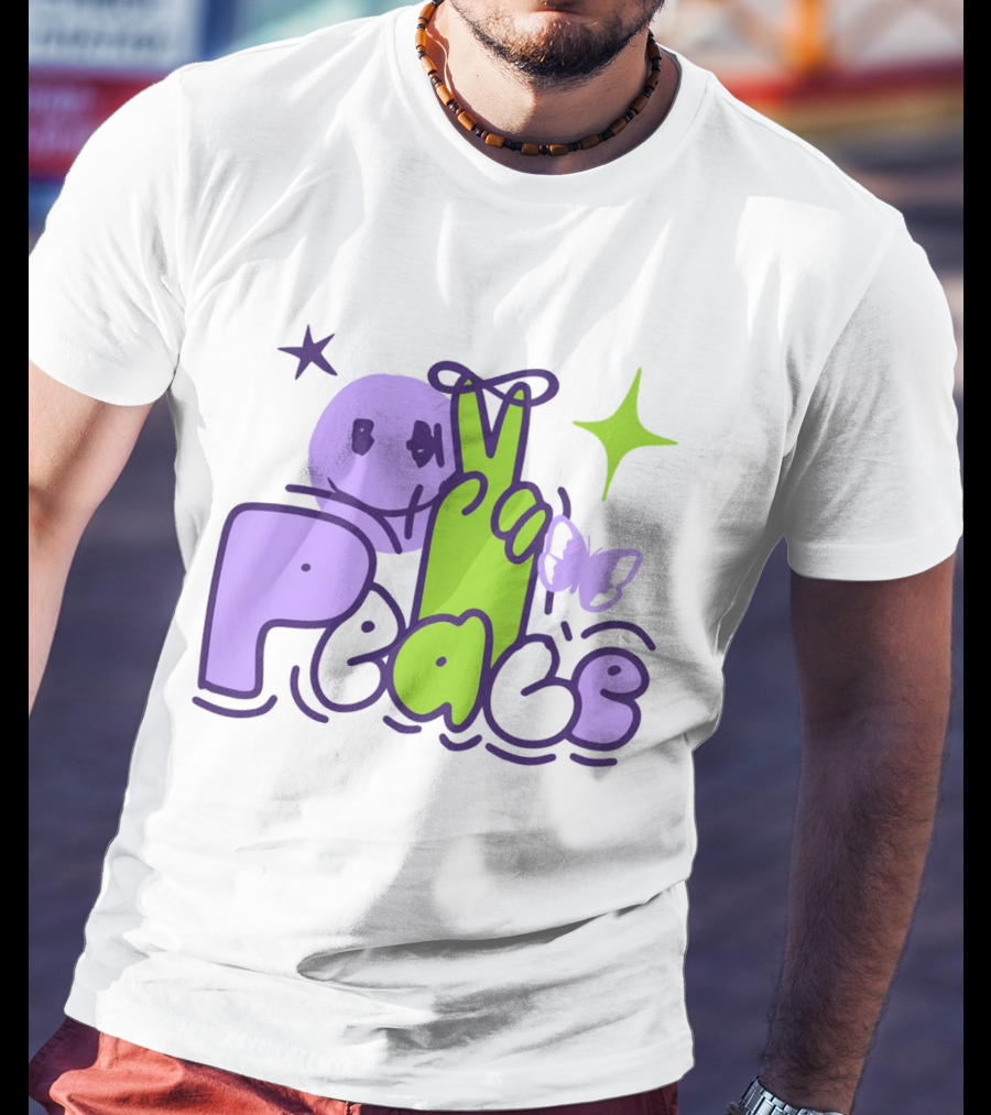 Peace Doodle Smiley Face Butterfly Star Purple Green T-Shirt
