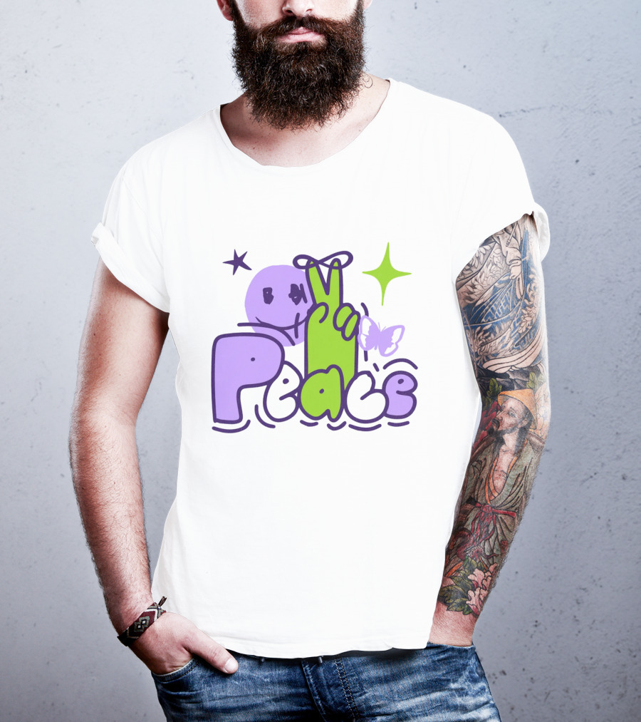 Peace Doodle Smiley Face Butterfly Star Purple Green T-Shirt