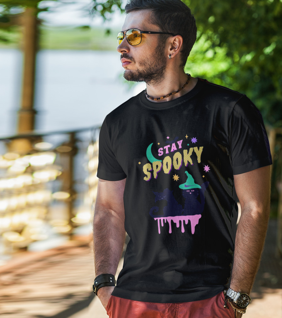 Stay Spooky Halloween Cats Moon Witch Hat Dripping Stars T-Shirt