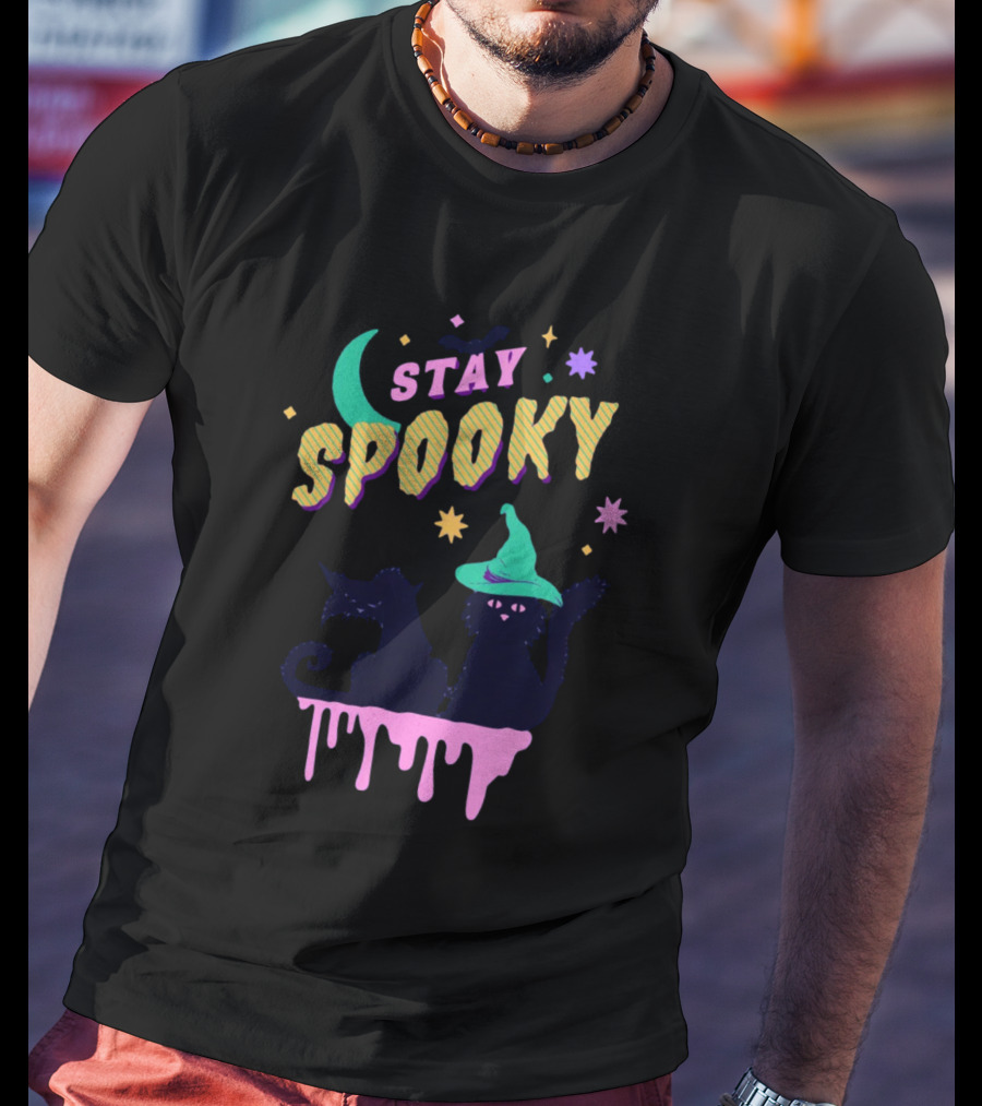Stay Spooky Halloween Cats Moon Witch Hat Dripping Stars T-Shirt