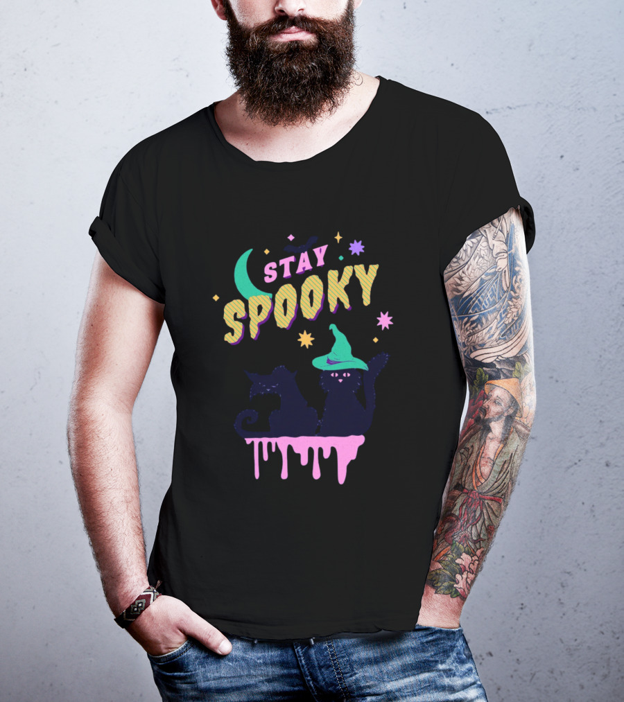 Stay Spooky Halloween Cats Moon Witch Hat Dripping Stars T-Shirt