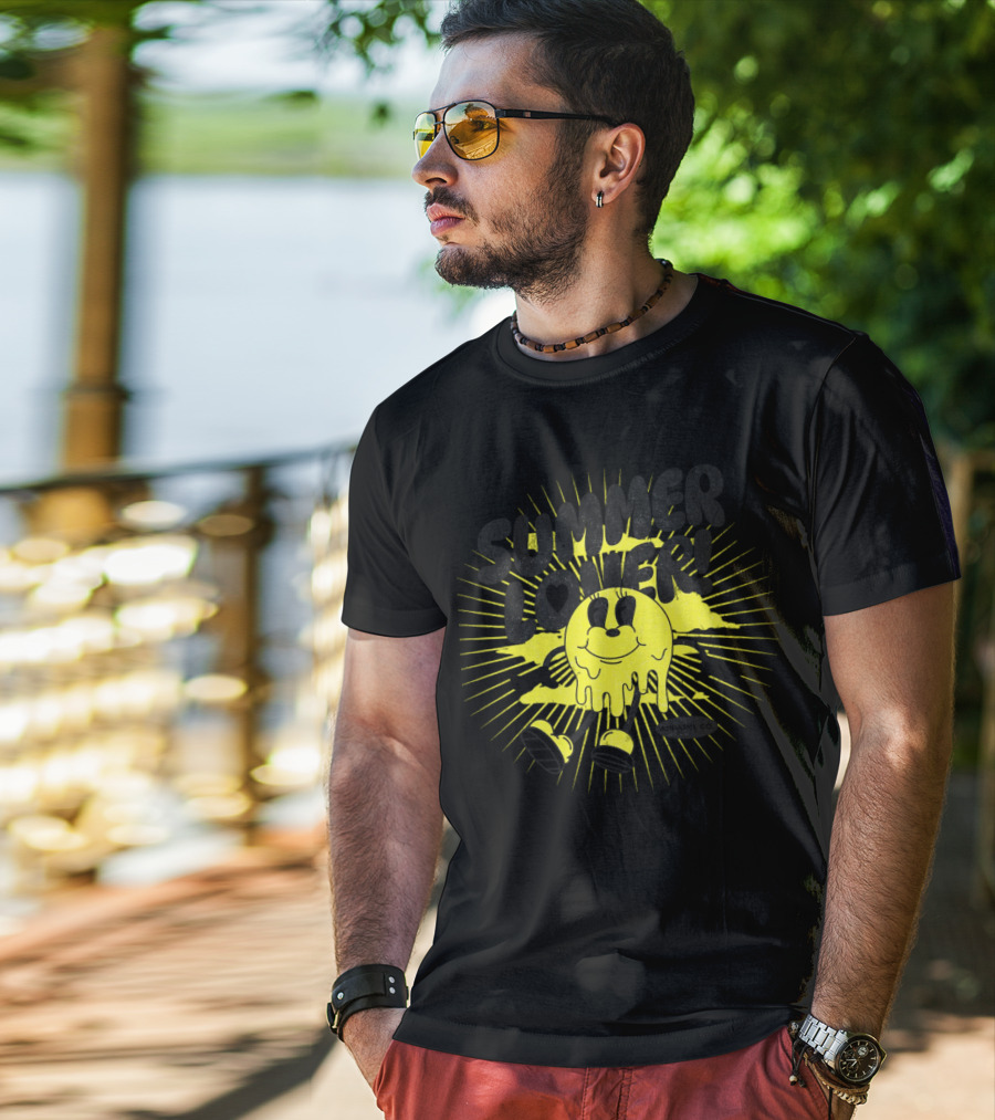 Summer Lover Cartoon Melting Smiley With Radiant Sunburst Background T-Shirt