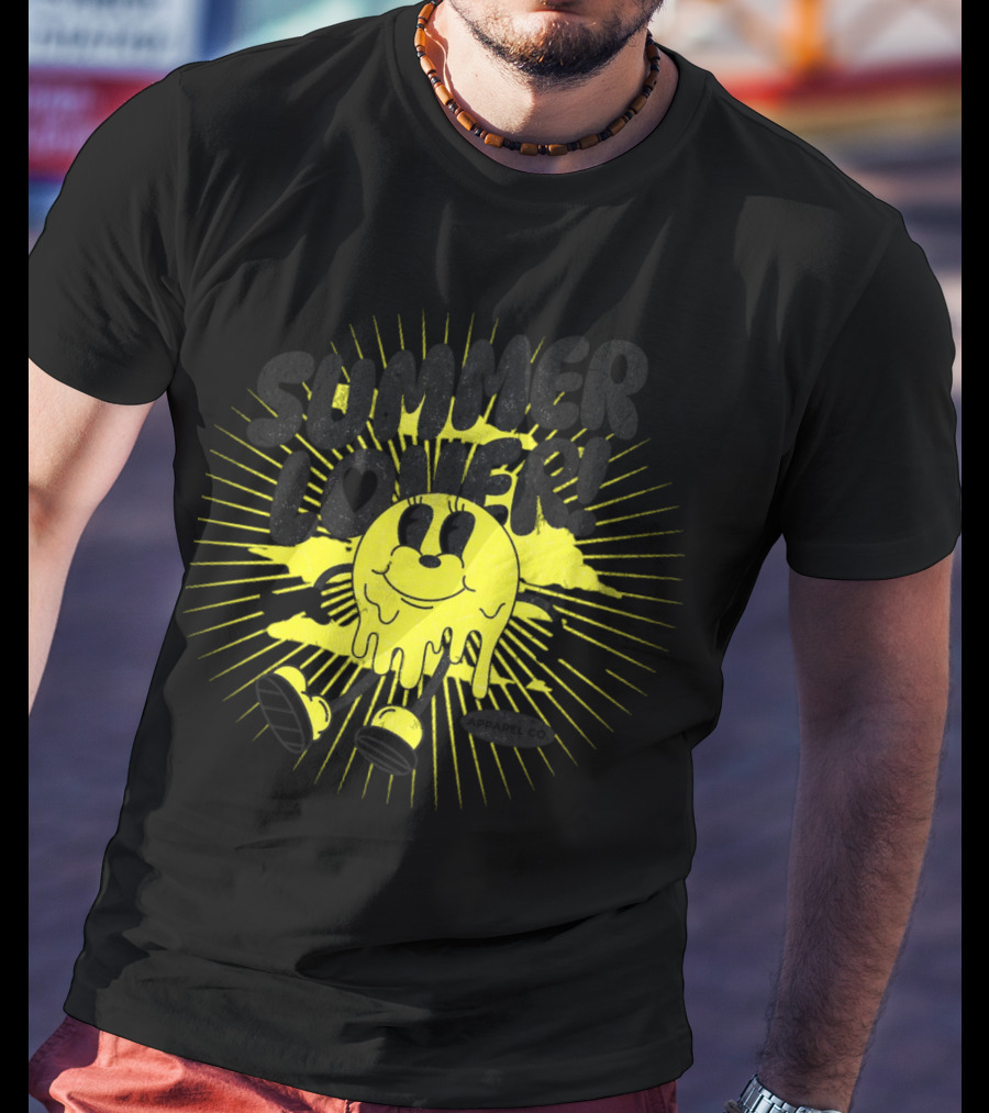 Summer Lover Cartoon Melting Smiley With Radiant Sunburst Background T-Shirt