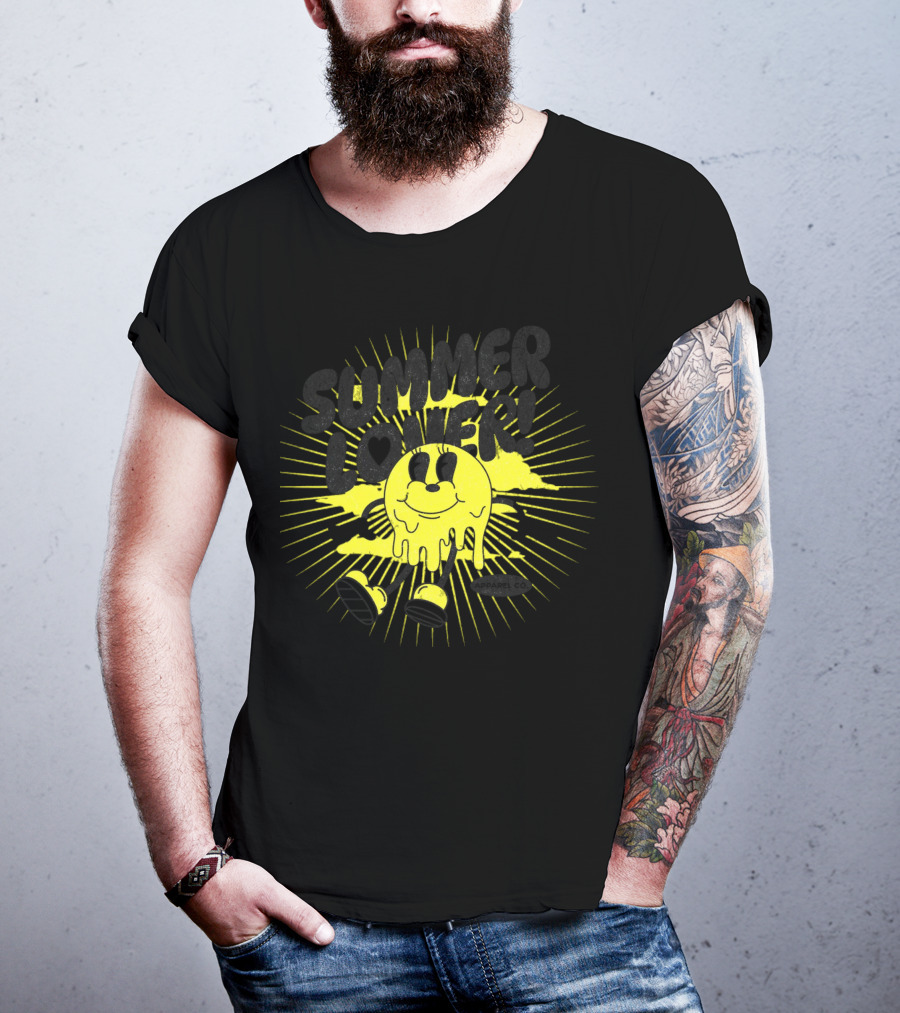 Summer Lover Cartoon Melting Smiley With Radiant Sunburst Background T-Shirt