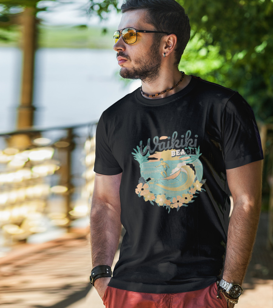 Waikiki Beach Vintage Surfing Adventure Floral T-Shirt
