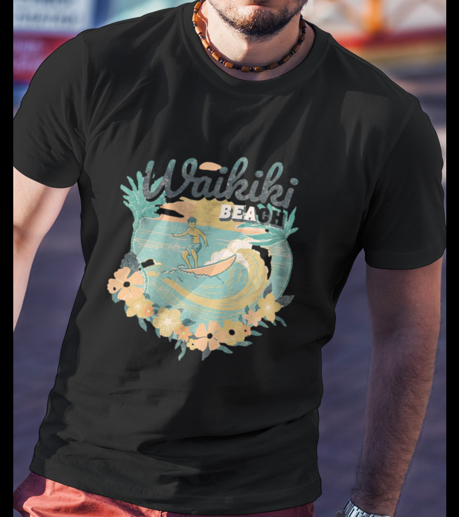 Waikiki Beach Vintage Surfing Adventure Floral T-Shirt