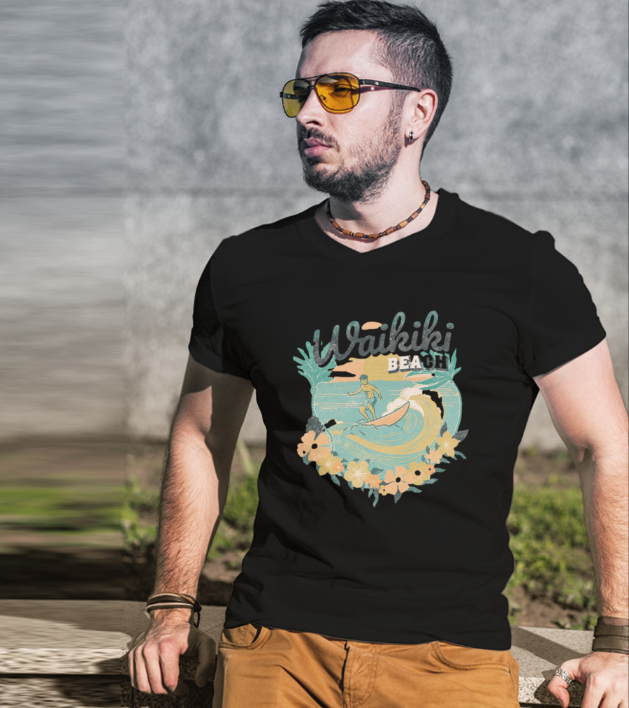 Waikiki Beach Vintage Surfing Adventure Floral T-Shirt