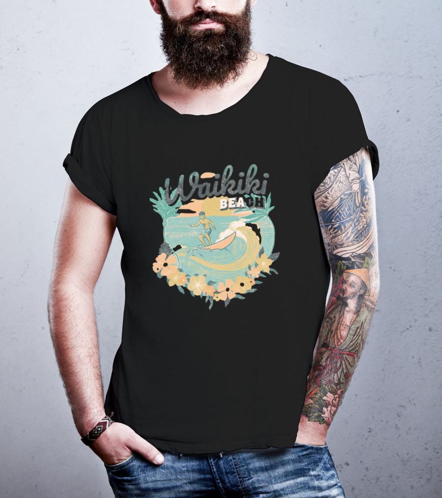 Waikiki Beach Vintage Surfing Adventure Floral T-Shirt