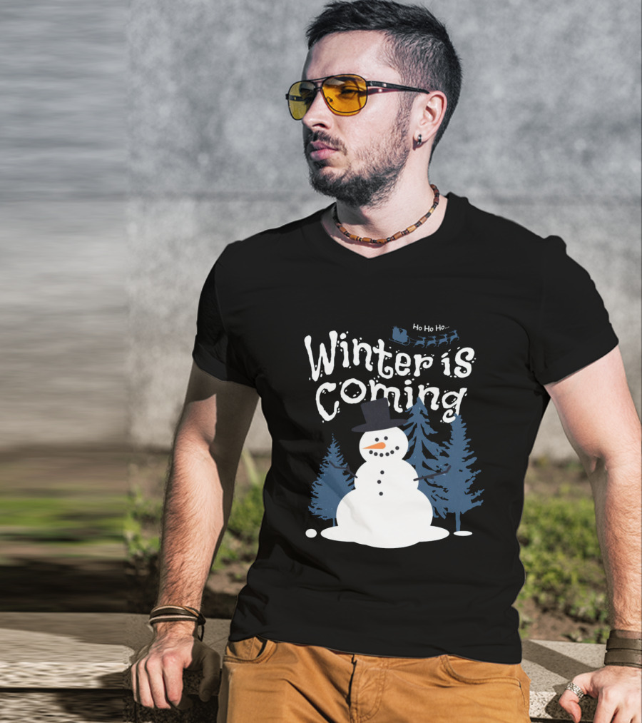 Winter Is Coming Snowman With Ho Ho Ho Santa Sleigh T-Shirt