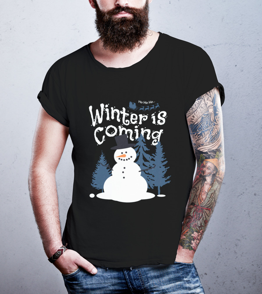Winter Is Coming Snowman With Ho Ho Ho Santa Sleigh T-Shirt