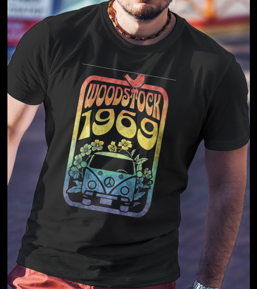 Woodstock 1969 Colorful Campervan Peace Symbol With Flowers T-Shirt