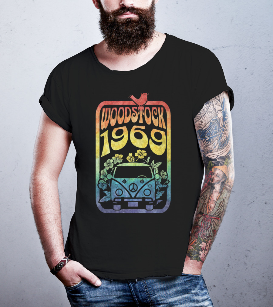 Woodstock 1969 Colorful Campervan Peace Symbol With Flowers T-Shirt