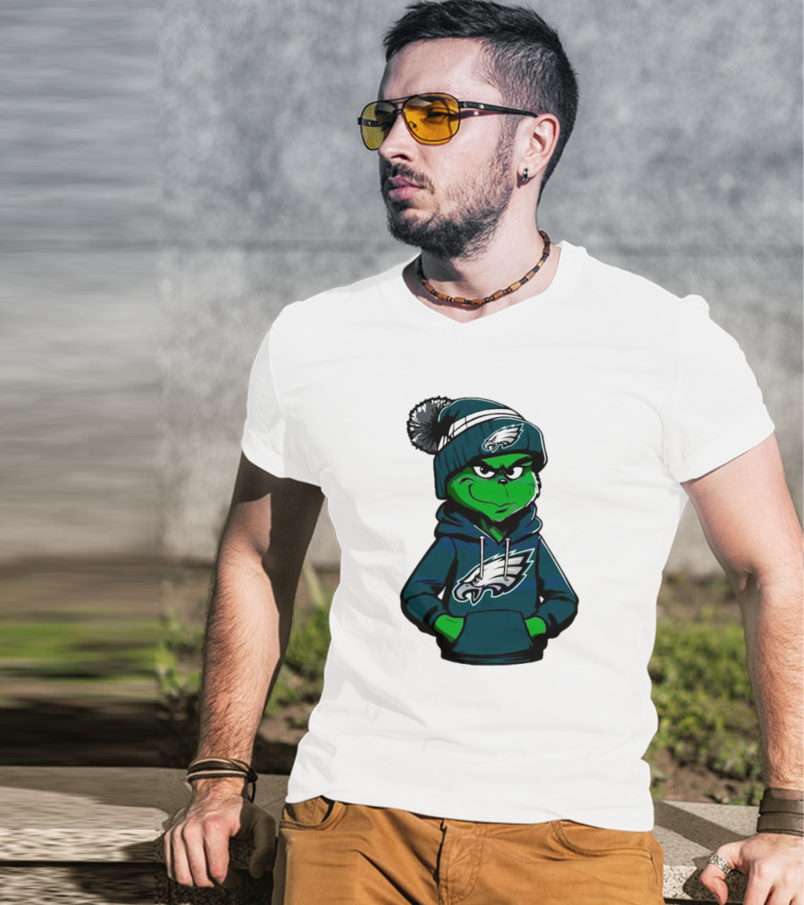 Grinch Dressed In Philadelphia Eagles Hoodie And Hat T-Shirt